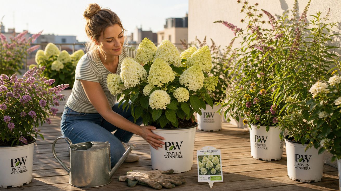 Mulher a cuidar de plantas com flores brancas em vasos PW Proven Winners numa varanda iluminada pelo sol.