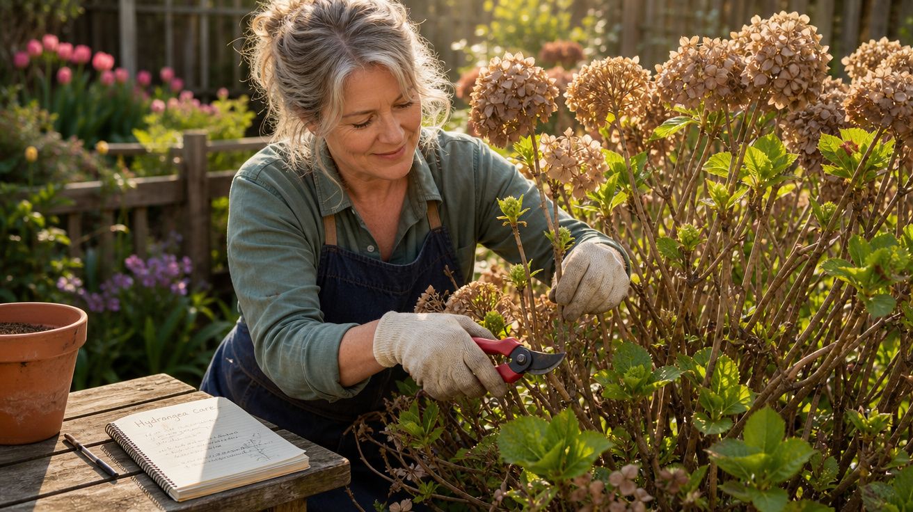 Mulher madura podando flores secas num jardim, com registo de anotações numa mesa ao lado.