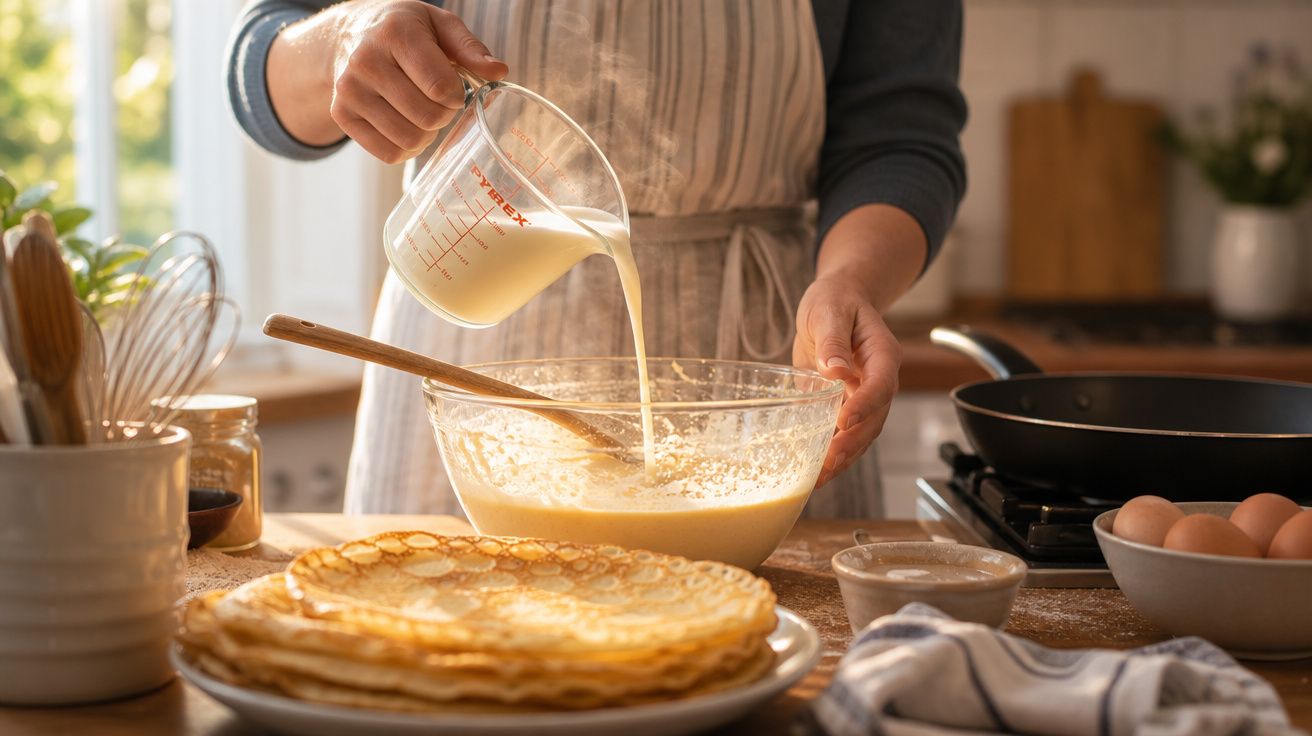 Pessoa a verter leite numa taça com massa para panquecas, com uma pilha de panquecas prontas e ingredientes à volta.