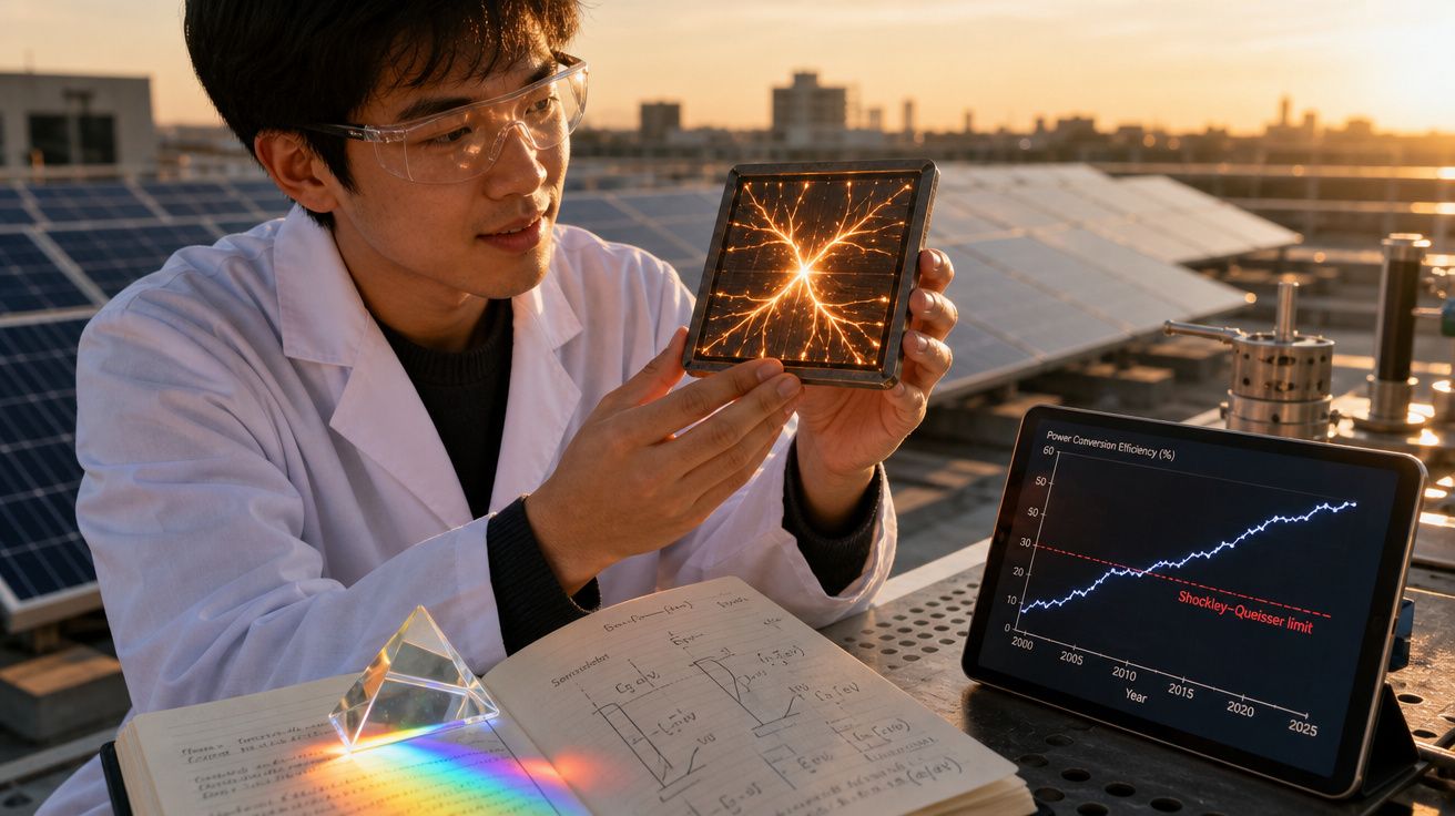 Cientista com bata branca analisa célula solar exposta à luz, com painéis solares ao fundo e gráficos no tablet.