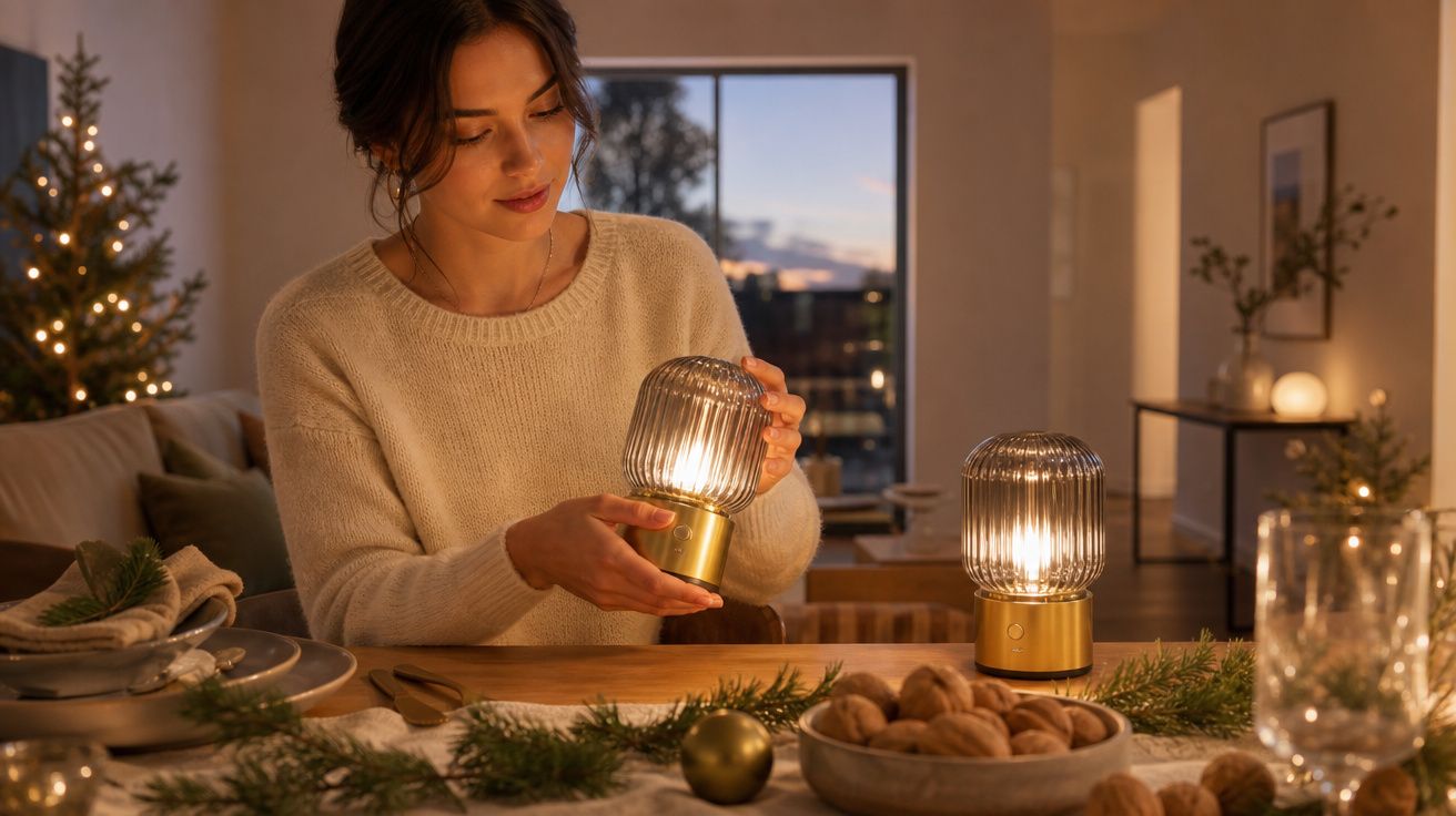 Mulher em ambiente acolhedor acende candeeiro decorativo na mesa de jantar com pinhas e nozes.