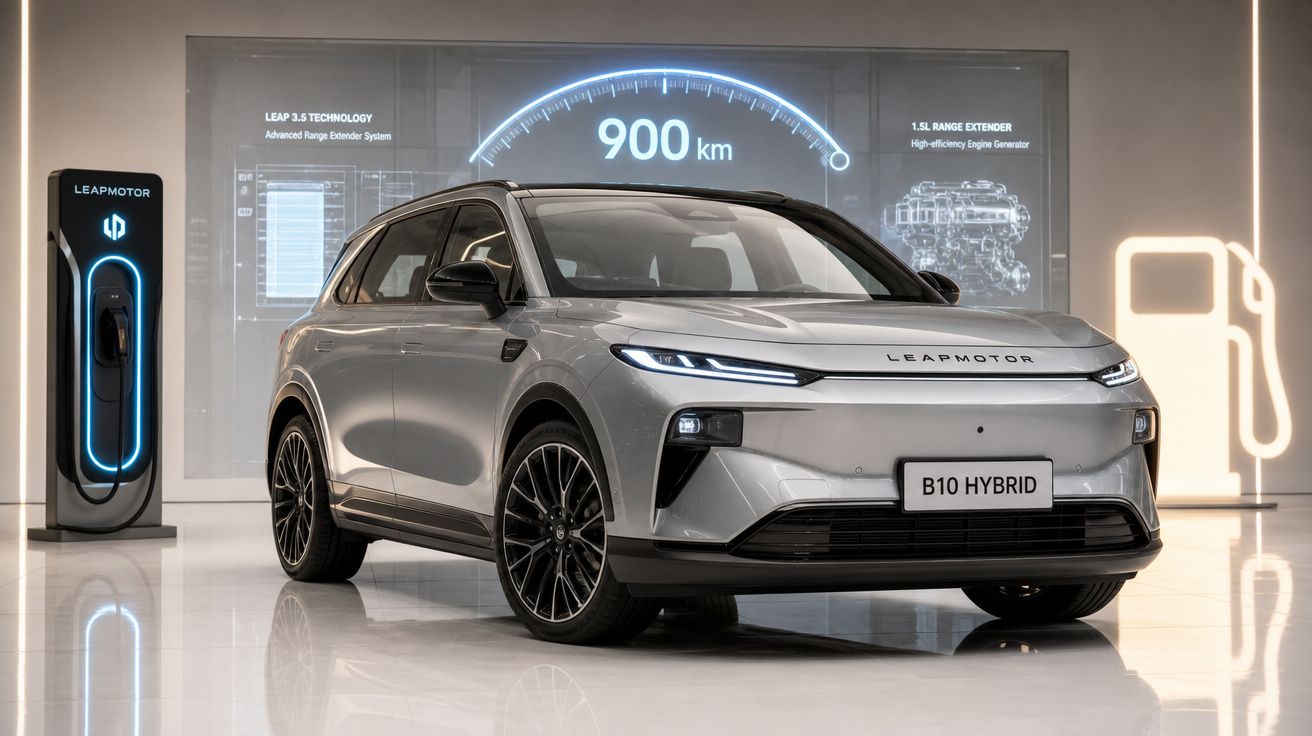 Carro híbrido cinzento Leapmotor B10 numa exposição, com estação de carregamento e gráfico de autonomia de 900 km ao fundo.