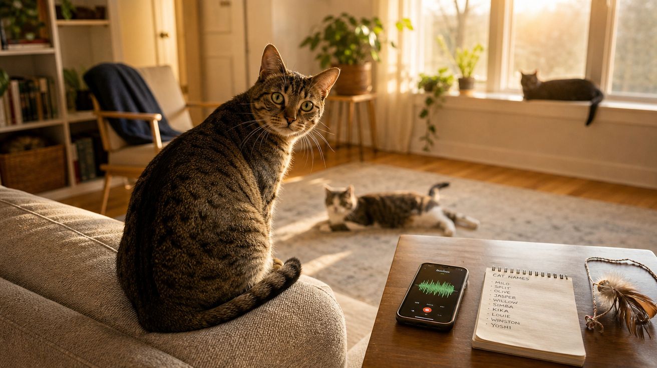 Gato tigrado sentado num sofá com dois gatos ao fundo e bloco de notas com nomes de gatos numa mesa.