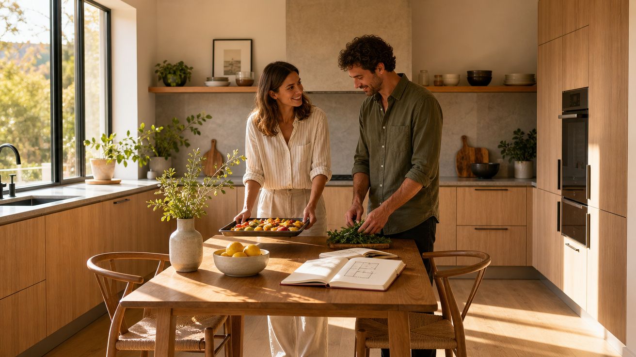 Casal a cozinhar junto numa cozinha moderna com luz natural e móveis em madeira clara.
