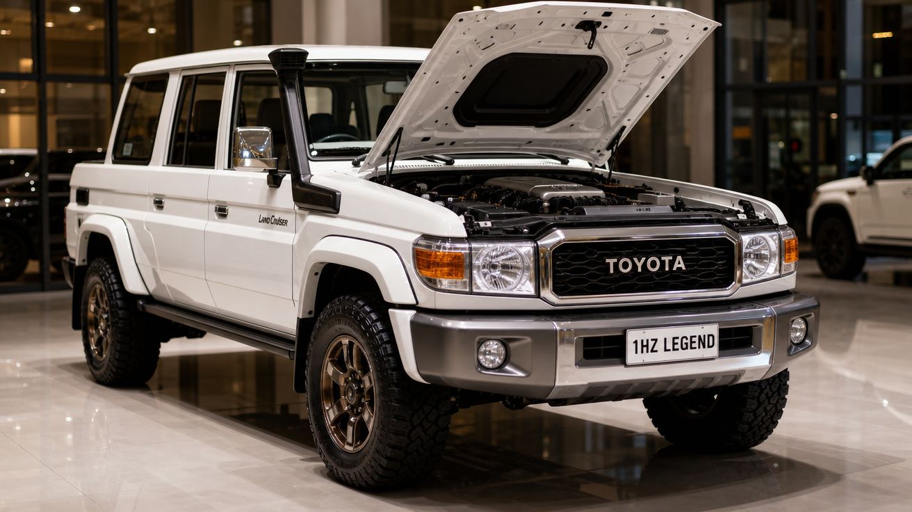 Toyota Land Cruiser branco com capot aberto, exposto num espaço interior iluminado.