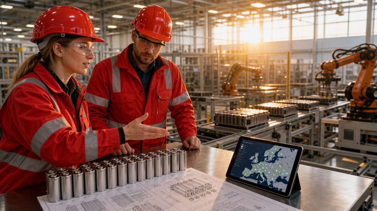 Dois trabalhadores com capacetes vermelhos analisam baterias e mapas digitais numa fábrica moderna.