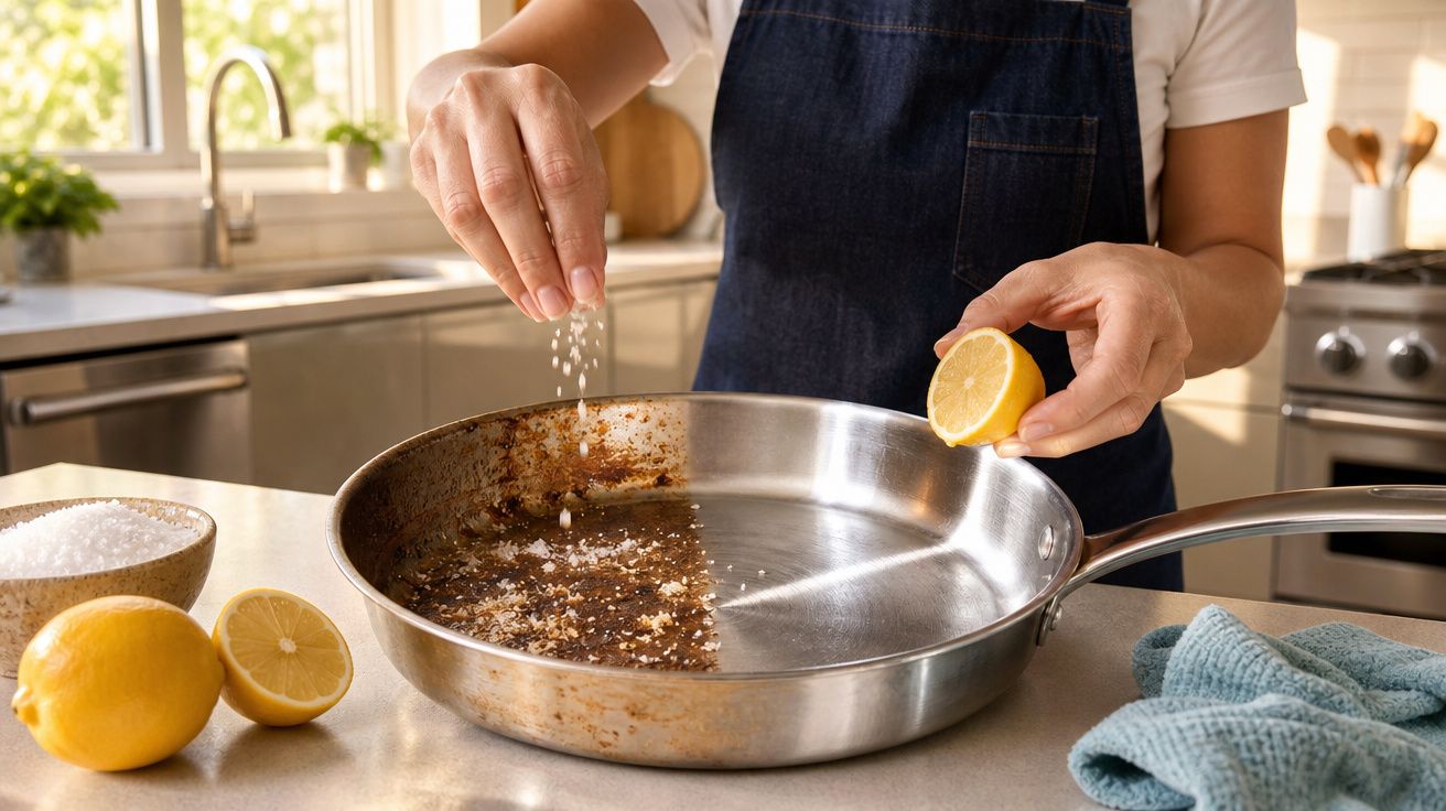 Pessoa a temperar uma frigideira com sal e limão numa cozinha moderna.