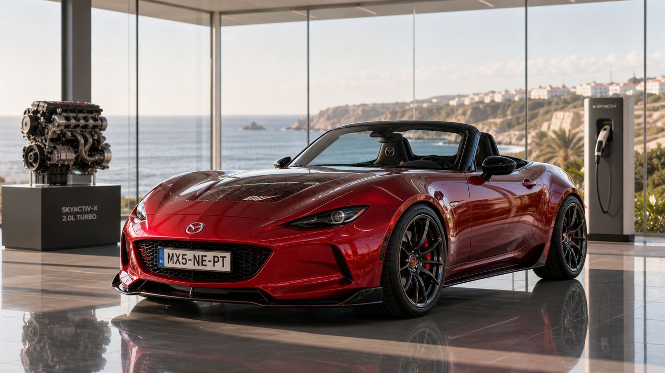 Carro conversível desportivo Mazda vermelho, modelo MX-5, estacionado em showroom com vista para o mar.