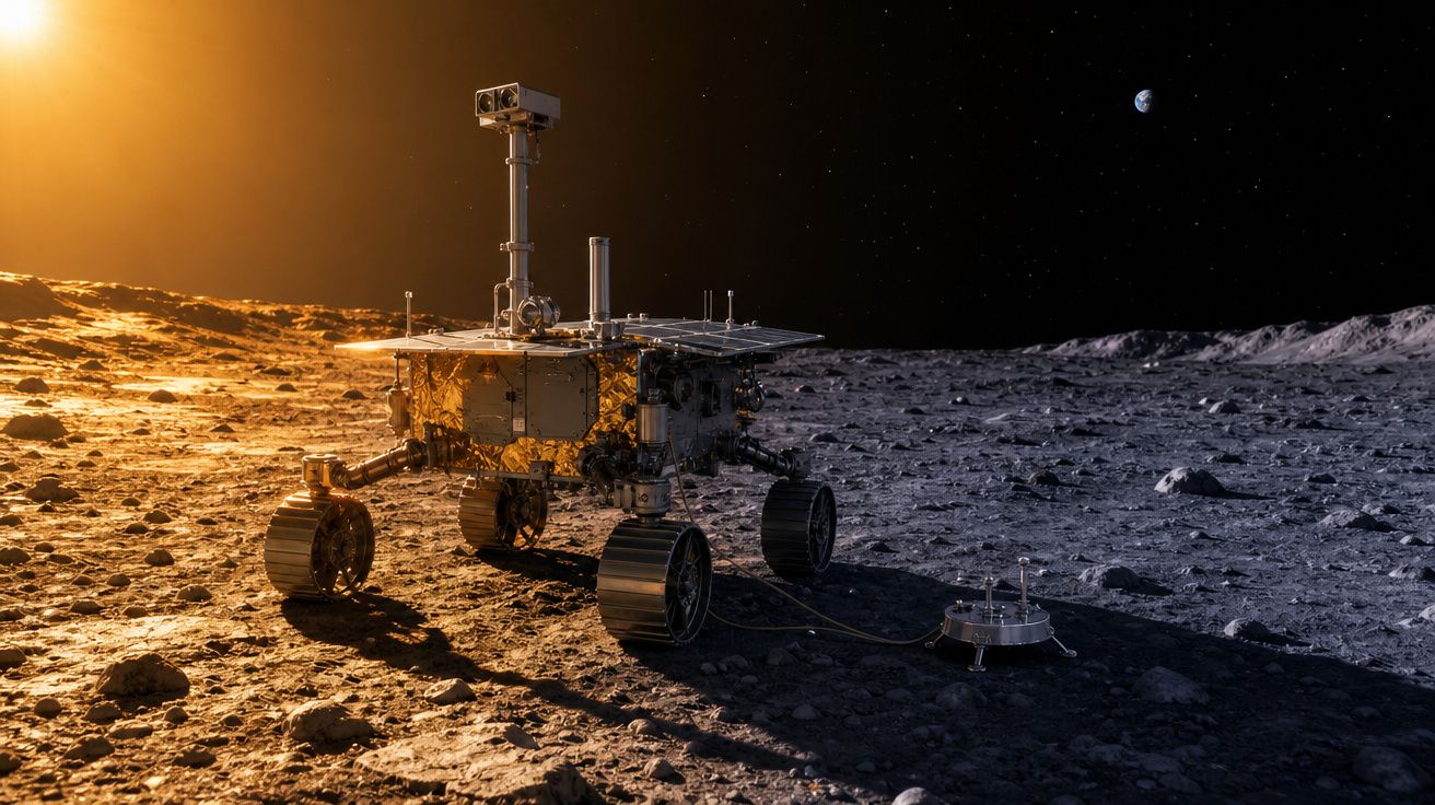 Rover espacial na superfície lunar com o Sol ao fundo e a Terra visível no céu escuro.