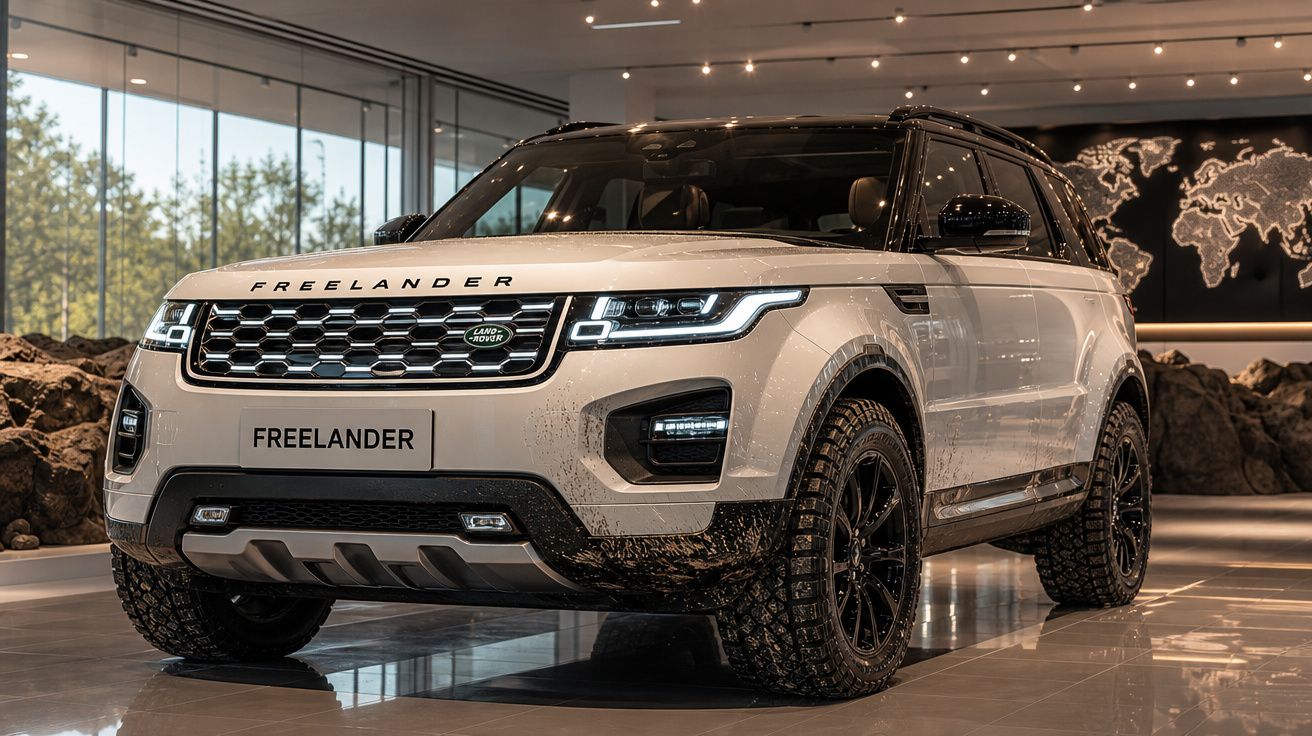 SUV Land Rover Freelander branco com detalhes em lama exposta num showroom moderno com mapa-múndi iluminado ao fundo.