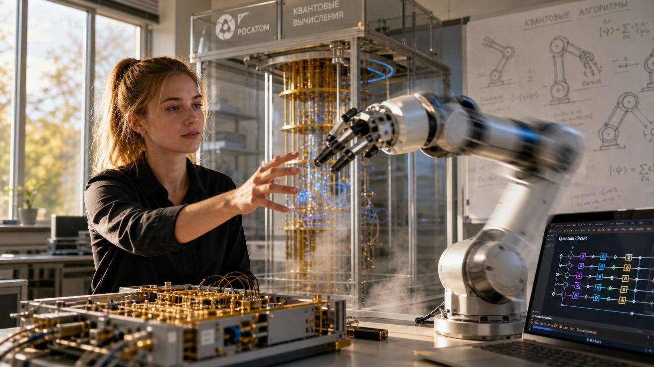 Mulher interage com braço robótico num laboratório de computação quântica moderno e iluminado.
