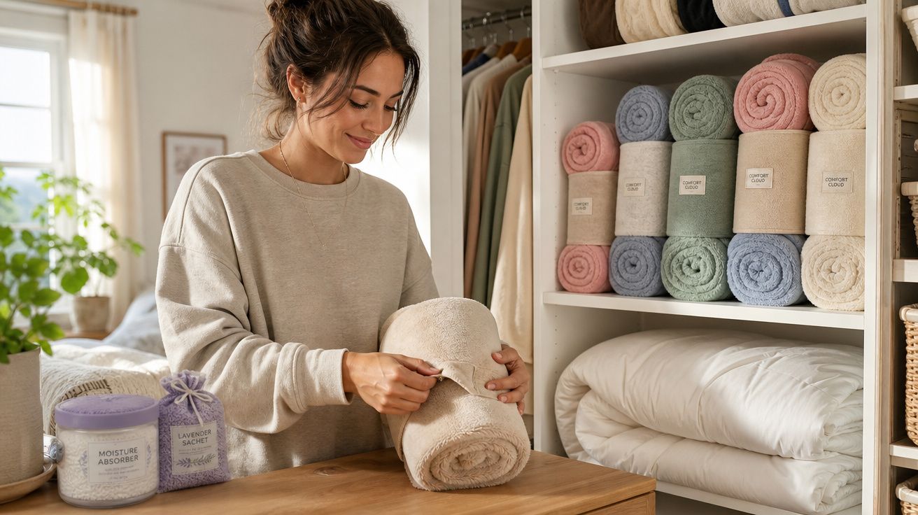 Mulher enrola uma manta bege num quarto com prateleiras organizadas com toalhas e roupa de cama coloridas.