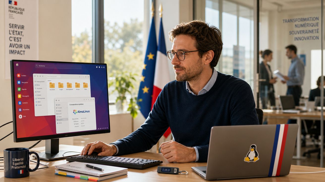 Homem a trabalhar num escritório moderno com computador, portátil com autocolante Linux e bandeiras francesas.