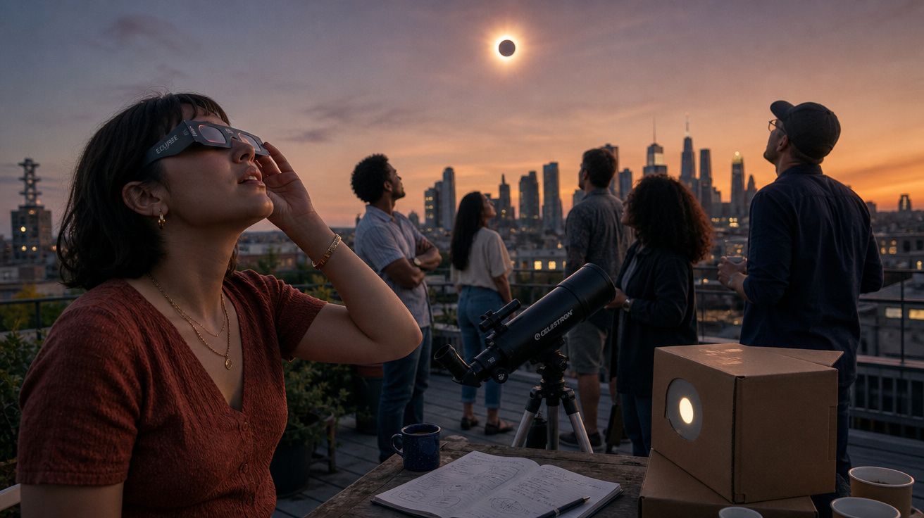 Grupo de pessoas a observar eclipse solar com óculos especiais e telescópio numa cidade ao pôr do sol.