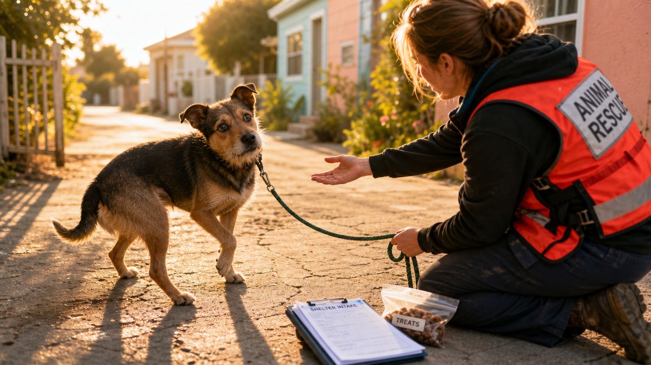 Voluntária de resgate animal oferece mimo a cão na coleira numa rua ao entardecer.