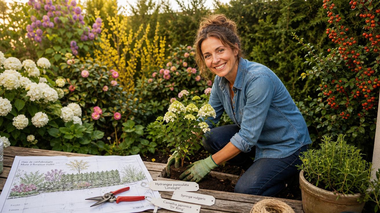 Mulher sorridente a plantar flores num jardim, com plantas, plano de jardim e ferramentas à frente.