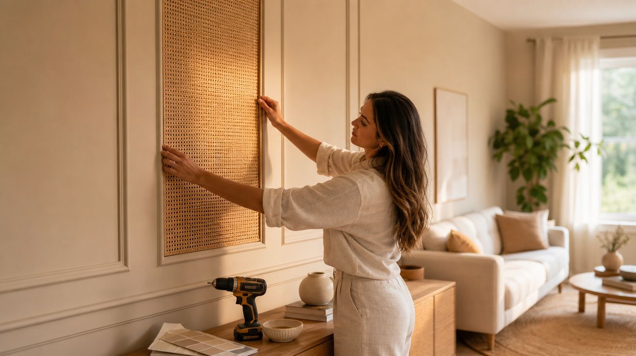 Mulher a decorar parede com painel de madeira numa sala moderna e iluminada com sofá e plantas.