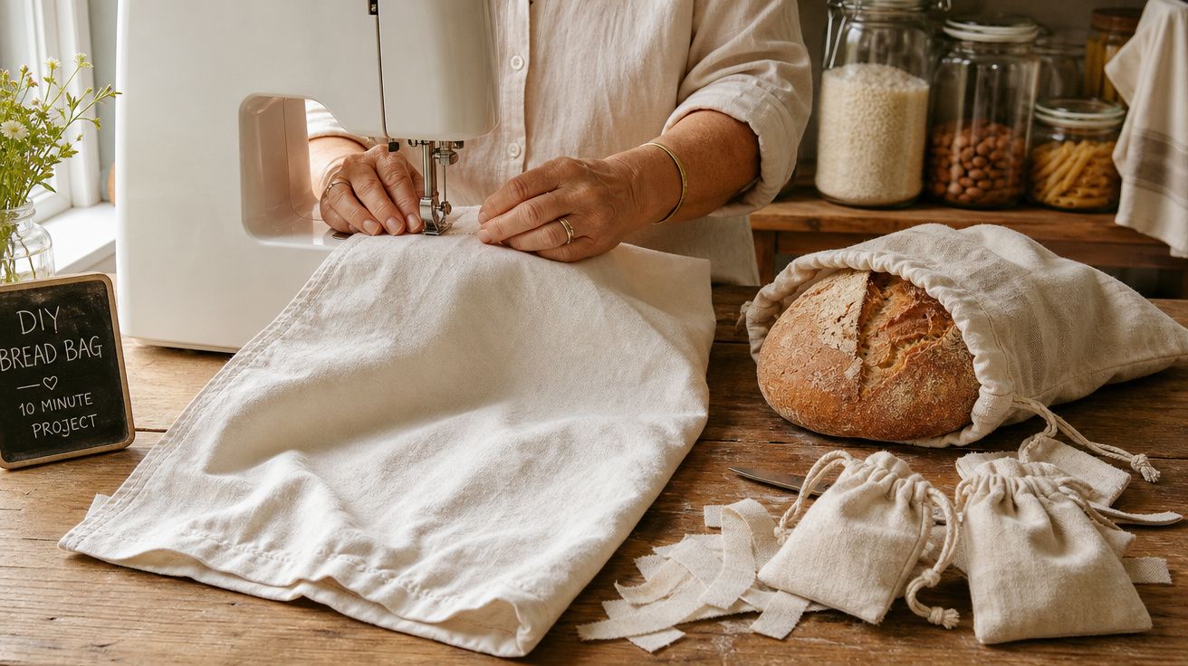 Pessoa a coser um saco de pão reutilizável em tecido natural numa máquina de costura, com pão e sacos em pano na mesa.