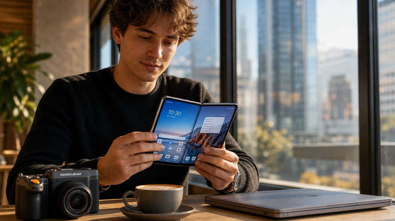 Homem sentado num café com uma câmara, um portátil fechado, uma chávena de café e um telemóvel dobrável aberto.