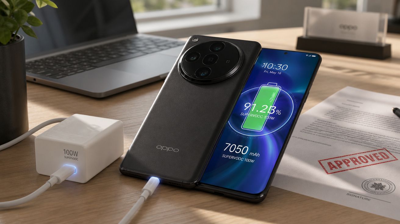 Smartphone Oppo a carregar com indicador de bateria na secretária ao lado de portátil e papel com carimbo aprovado.