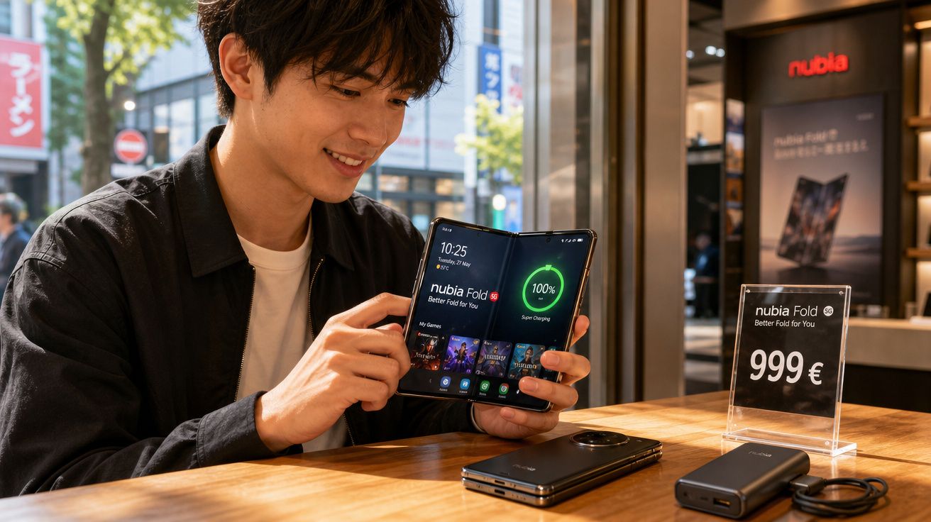 Homem apresenta smartphone dobrável Nubia Fold com ecrã aberto numa loja tecnológica.