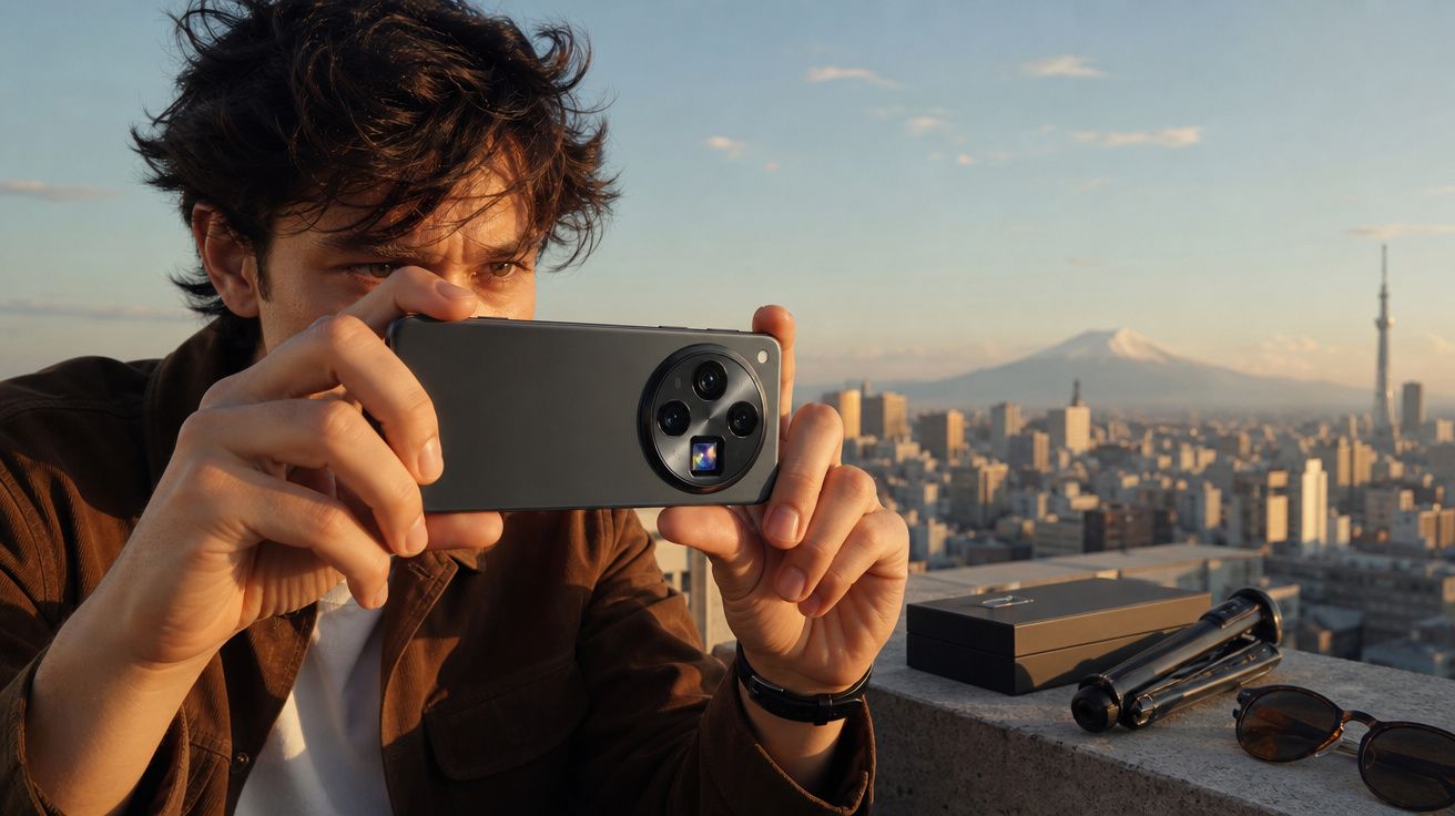 Homem a fotografar paisagem urbana ao pôr do sol com smartphone, com montanha ao fundo e acessórios na parede.
