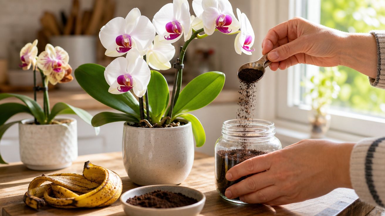 Mãos a encher um frasco com terra para vasos, ao lado de orquídeas, cascas de banana e terra numa tigela.
