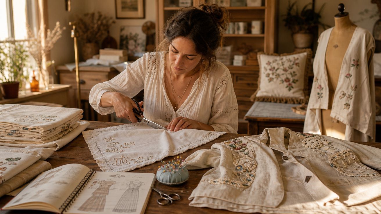 Mulher a cortar tecido bordado num atelier com roupas e desenhos de moda sobre a mesa de madeira.