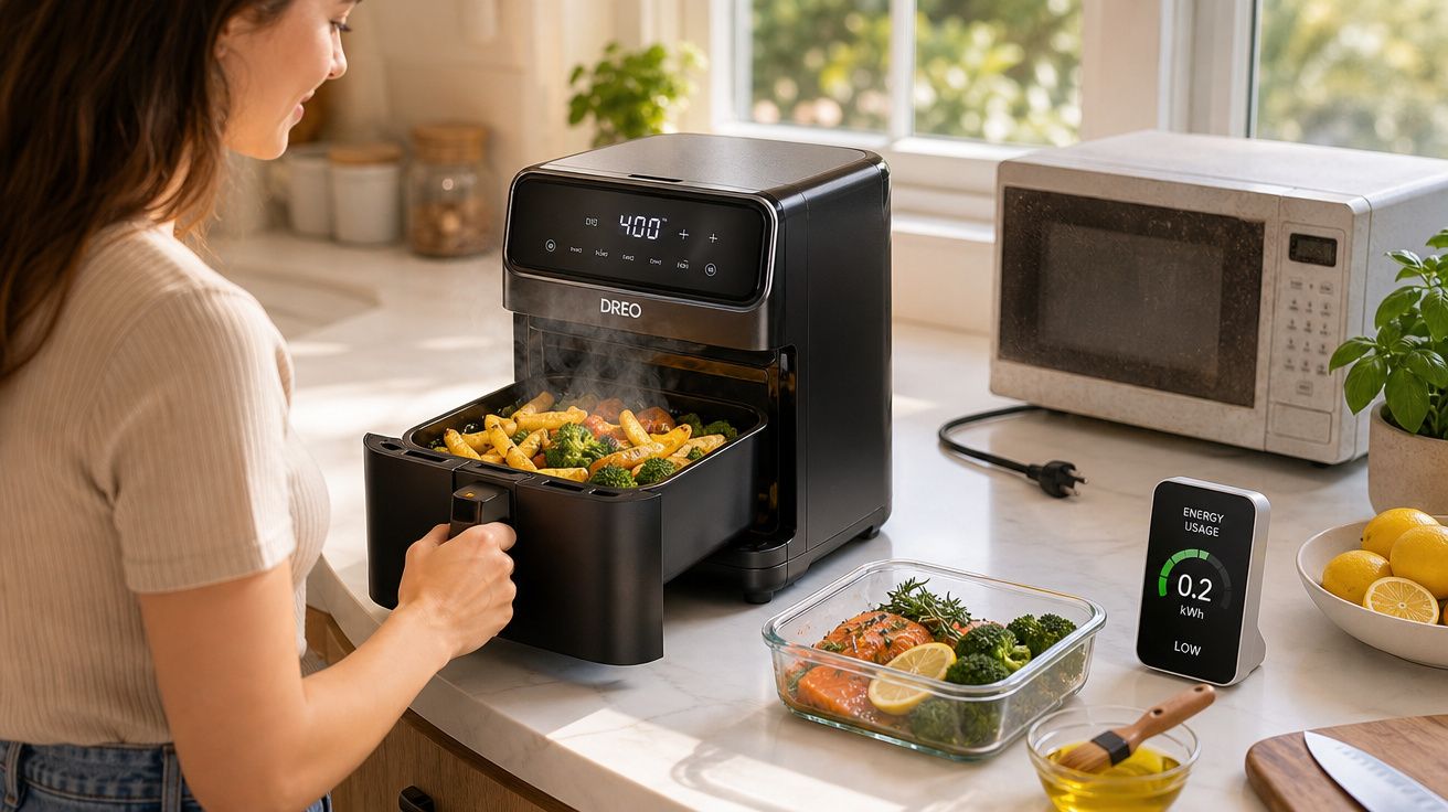 Mulher a retirar comida quente de frigideira de air fryer preta numa cozinha moderna iluminada.