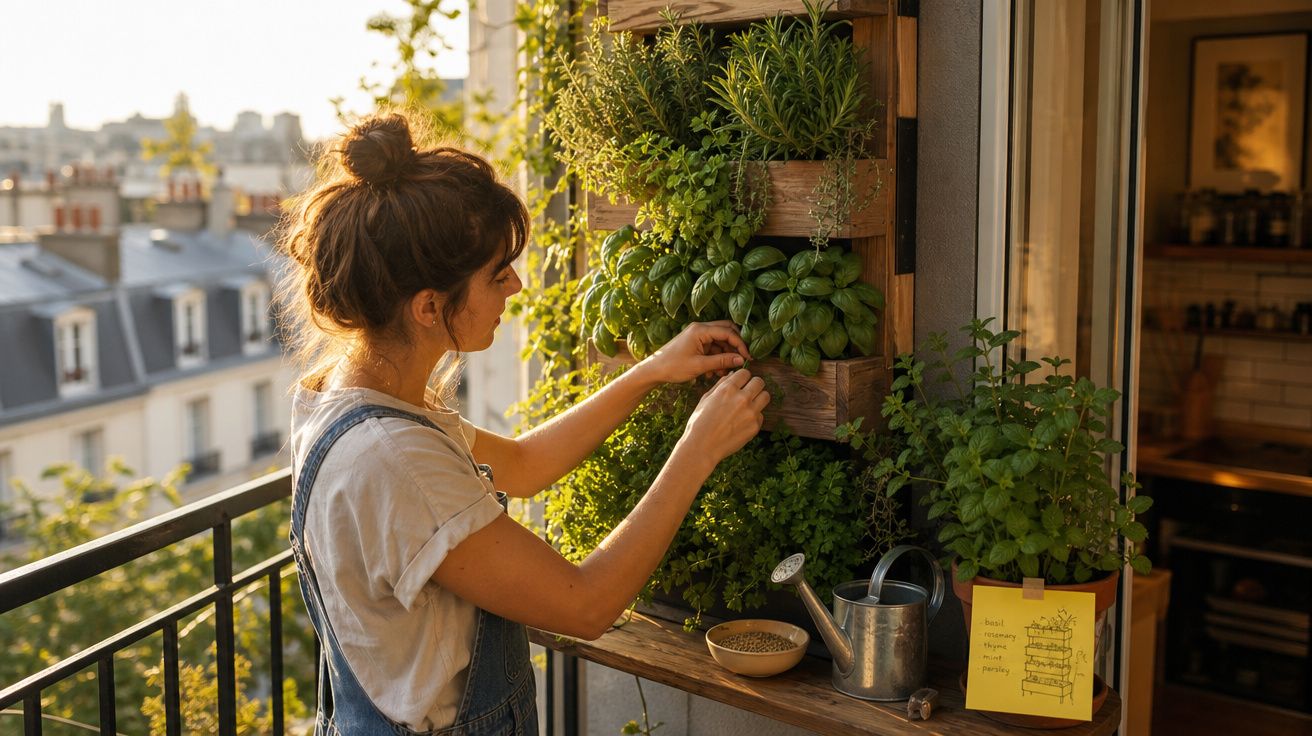 Mulher rega e cuida de ervas aromáticas num jardim vertical numa varanda ensolarada de cidade.