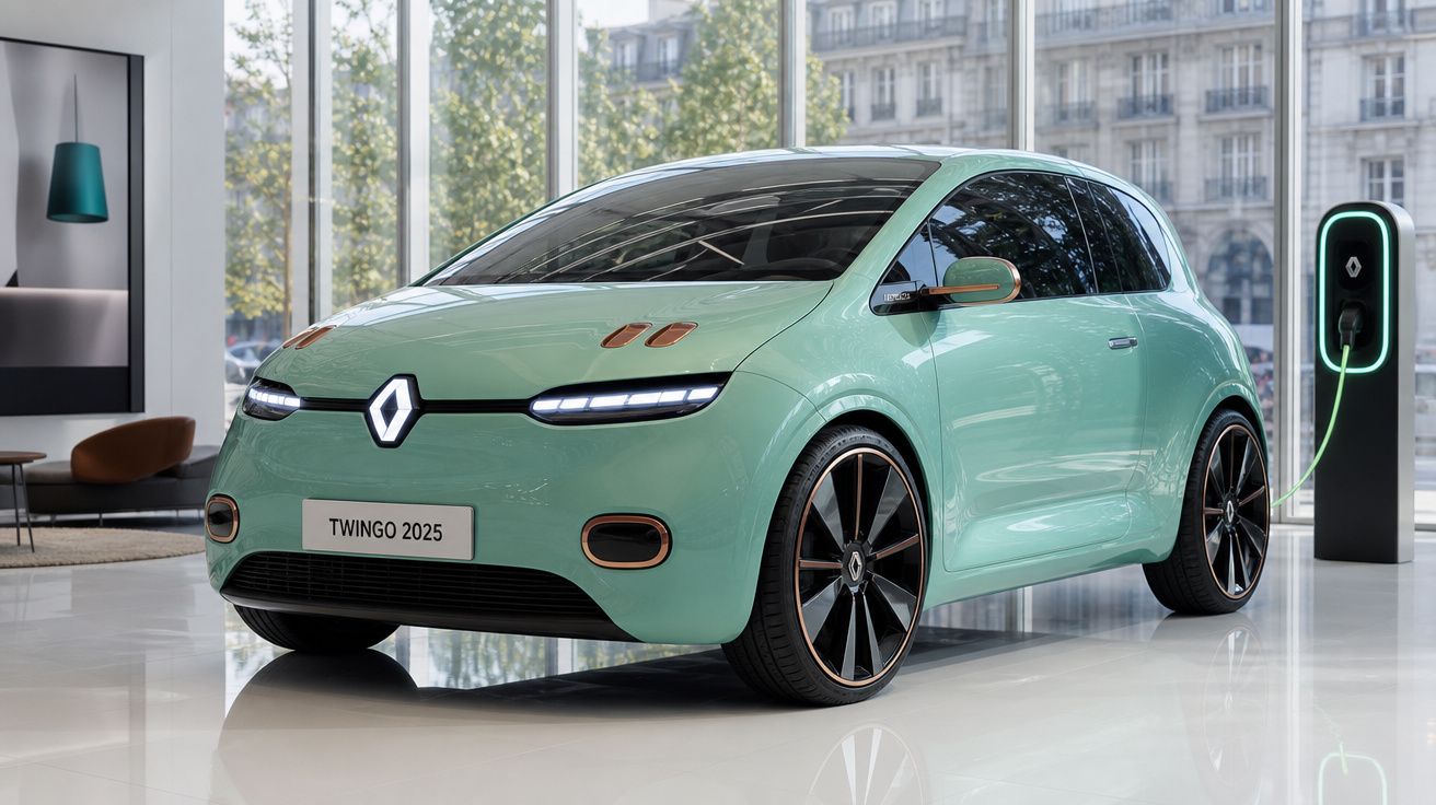 Automóvel elétrico Renault Twingo 2025 verde a carregar numa estação dentro de salão moderno.