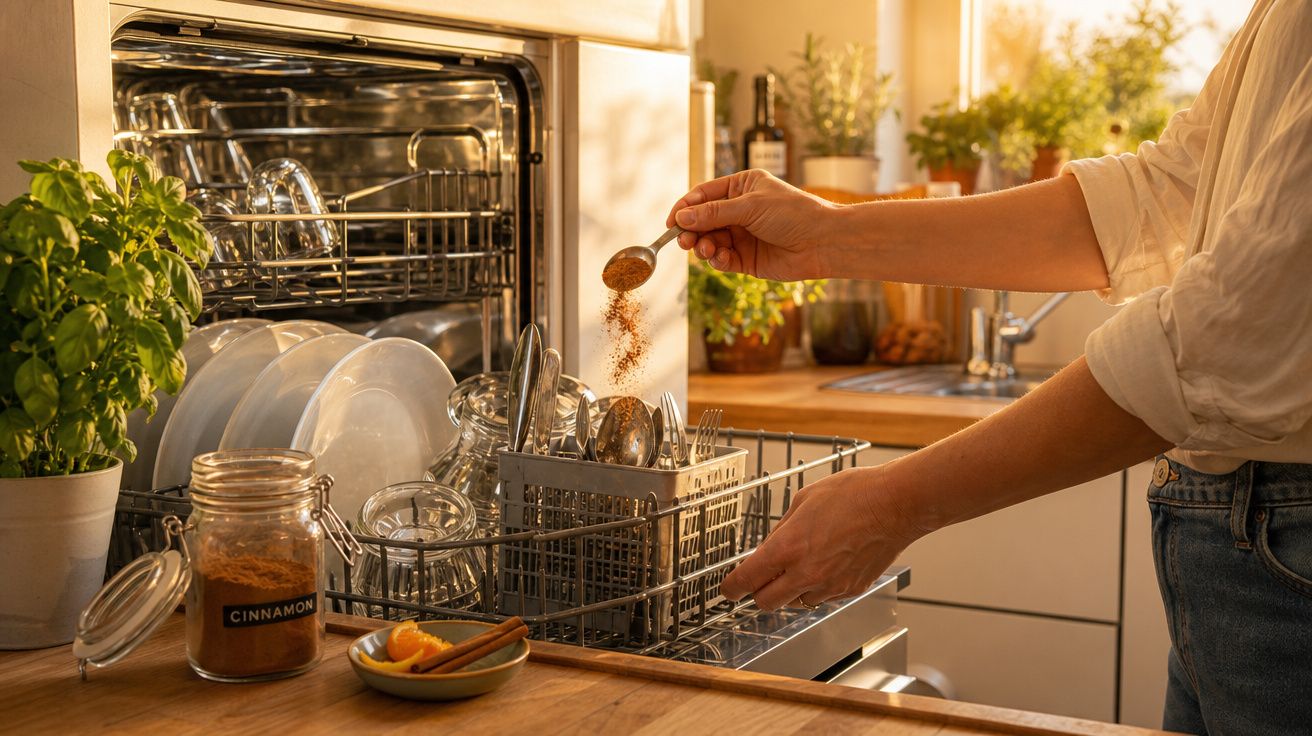Mãos polvilhando canela em talheres numa máquina de lavar louça numa cozinha iluminada pelo sol.