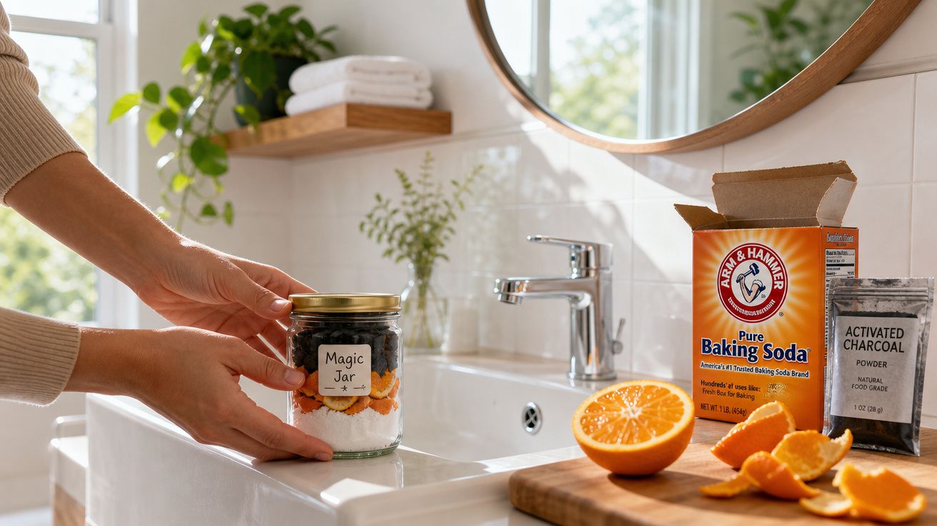 Mãos seguram jarro com ingredientes naturais num lavatório, próximo de bicarbonato, carvão ativado e cascas de fruta.