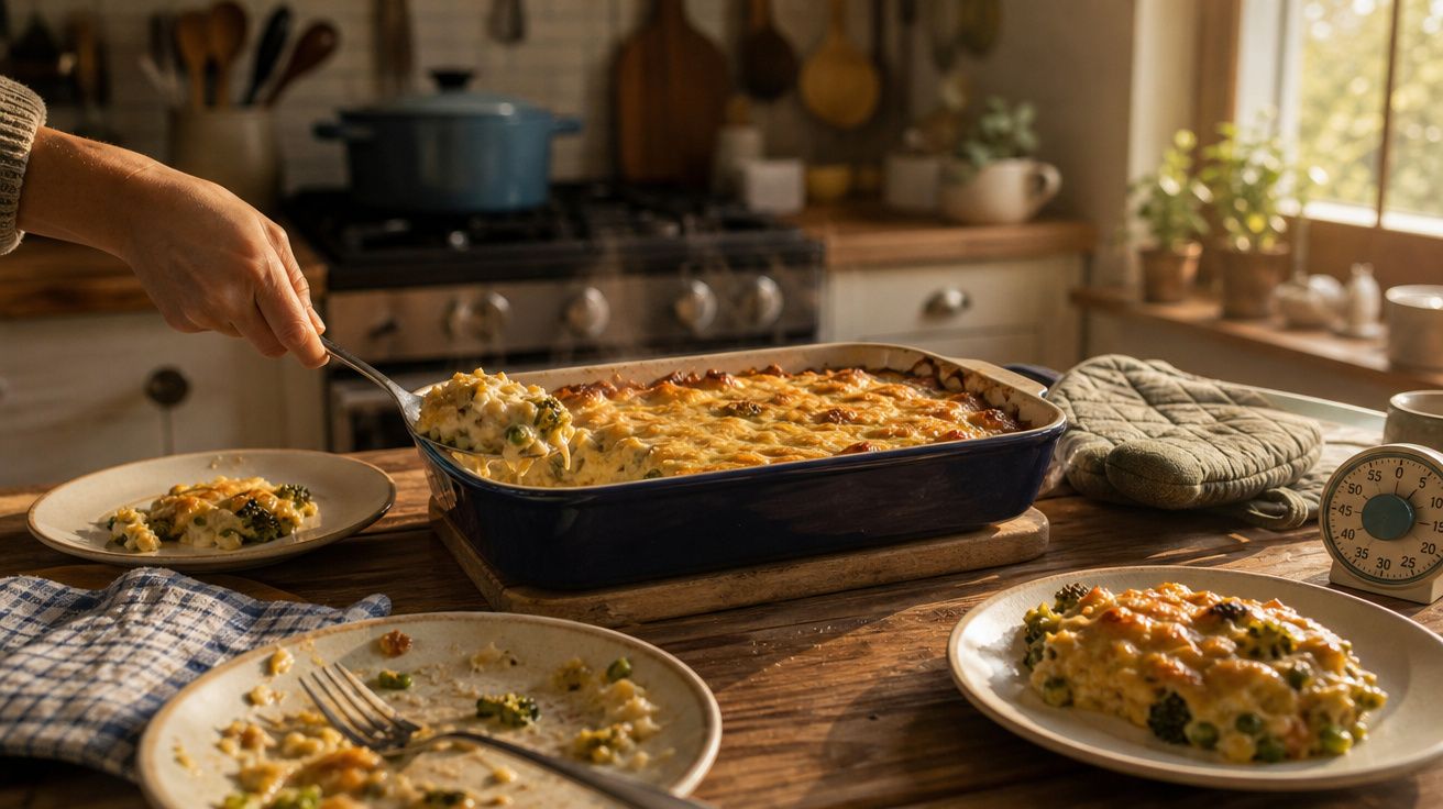 Mãos a servir um prato gratinado de legumes numa cozinha rústica com luz natural suave.