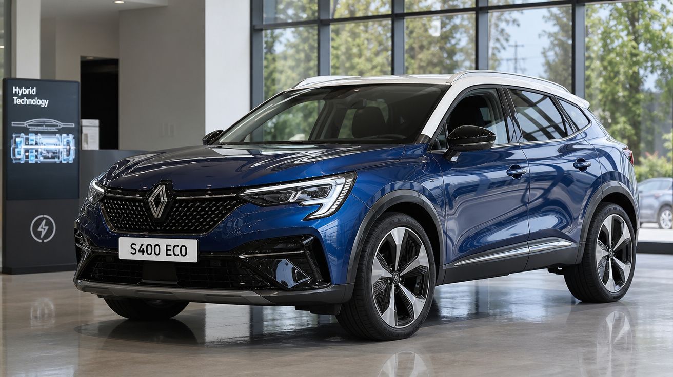 Automóvel Renault S400 ECO azul escuro, SUV híbrido exposto em sala de showroom moderna.