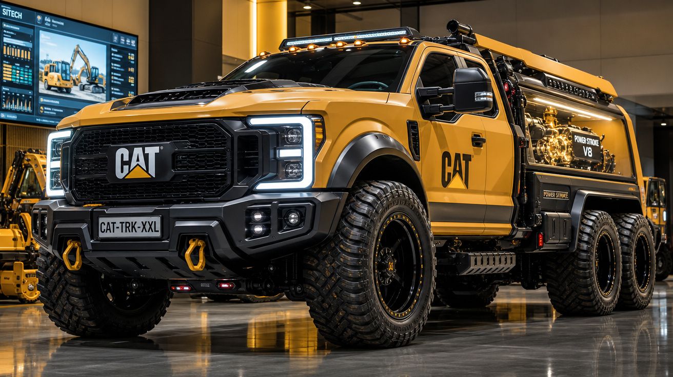 Camioneta robusta amarela CAT com seis rodas e motor V8 em exposição interior moderna.