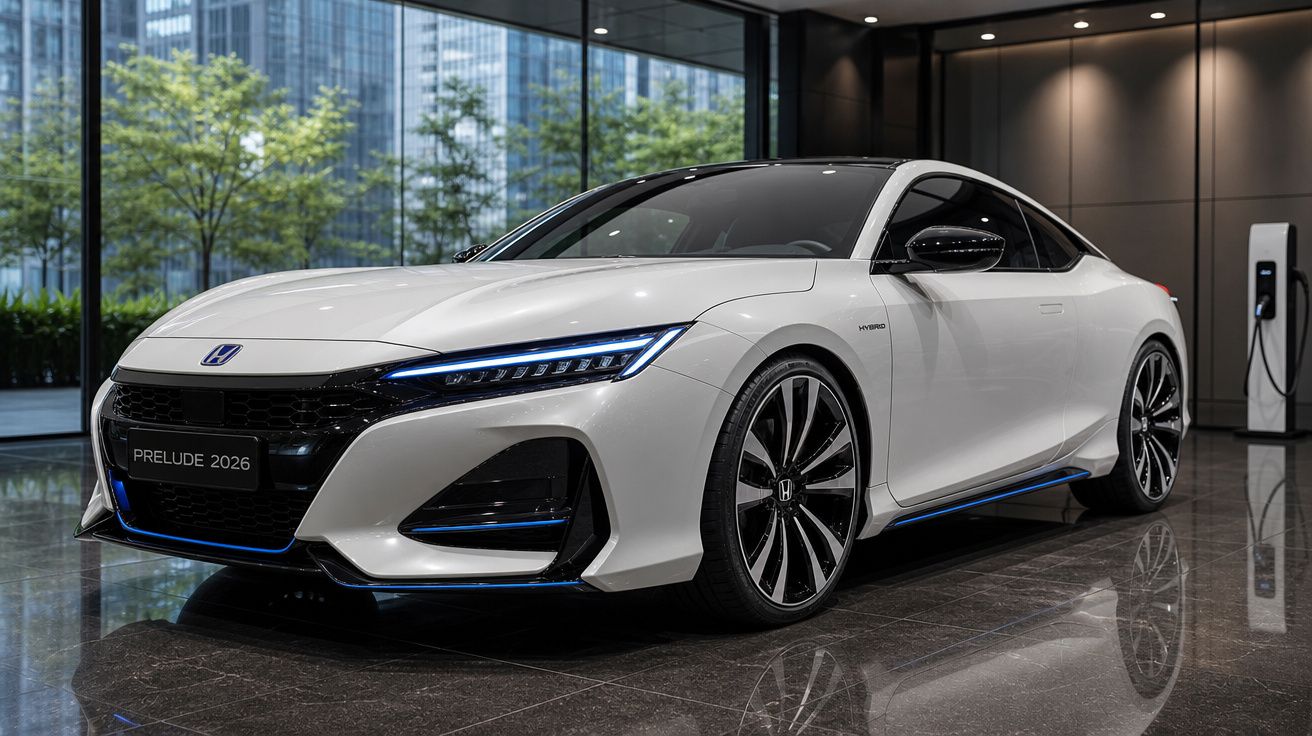 Carro desportivo branco Honda Prelude 2026 em showroom moderno com superfícies brilhantes e carroçaria aerodinâmica.