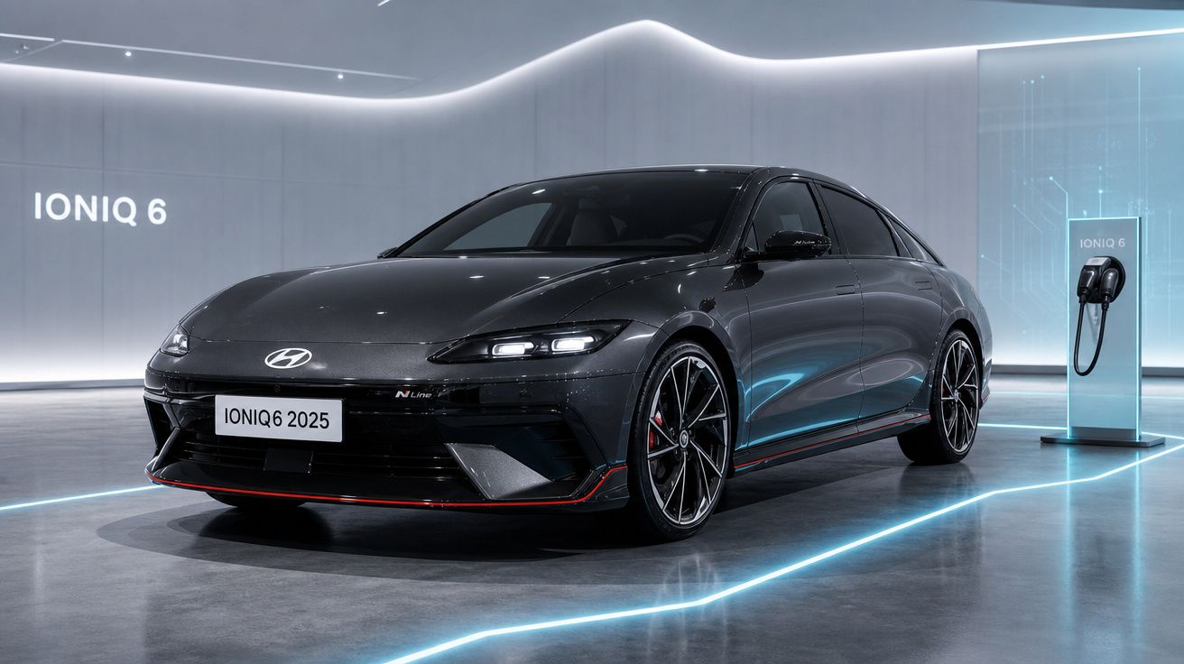 Carro elétrico Hyundai IONIQ 6 cinza estacionado numa garagem futurista com carregador elétrico.