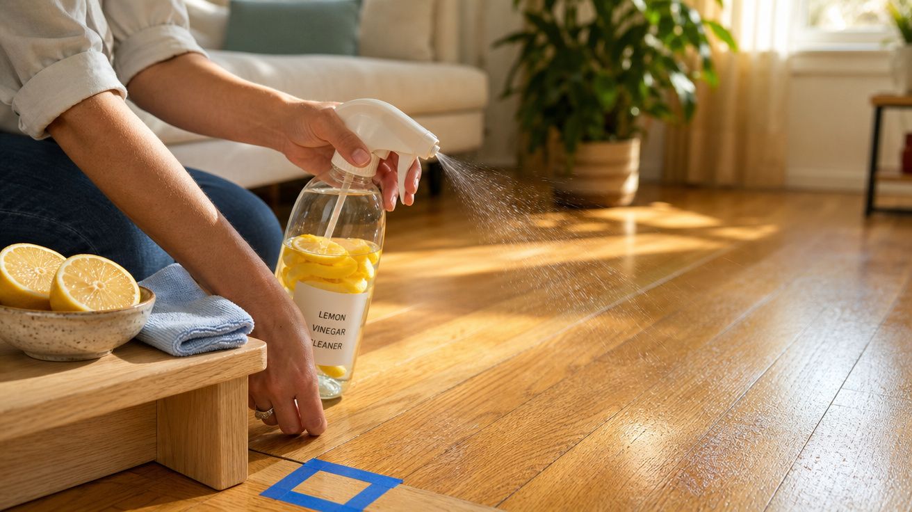 Pessoa a limpar chão de madeira com spray caseiro de vinagre e limão num ambiente luminoso e acolhedor.