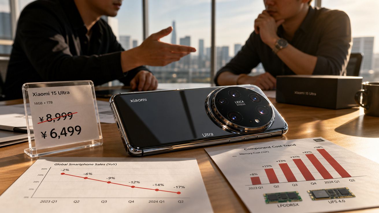 Smartphone Xiaomi Ultra sobre mesa com gráficos e duas pessoas a discutir ao fundo.