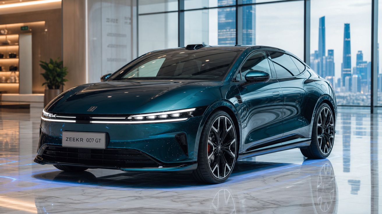 Carro elétrico azul Zeekr 007 GT exibido num showroom moderno com janelas grandes e vista da cidade.