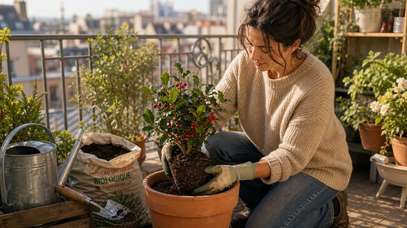 Mulher a plantar azevinho num vaso num terraço ensolarado com várias plantas à volta.