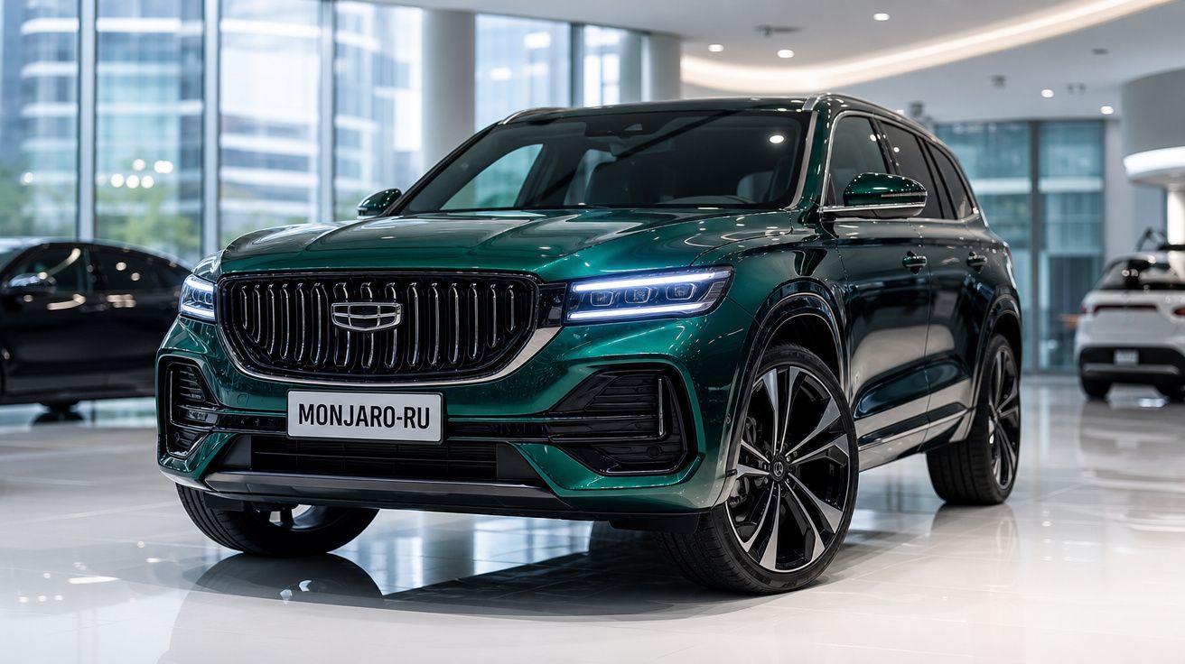 SUV verde metálico Geely Monjaro-RU estacionado em salão automóvel moderno e iluminado.