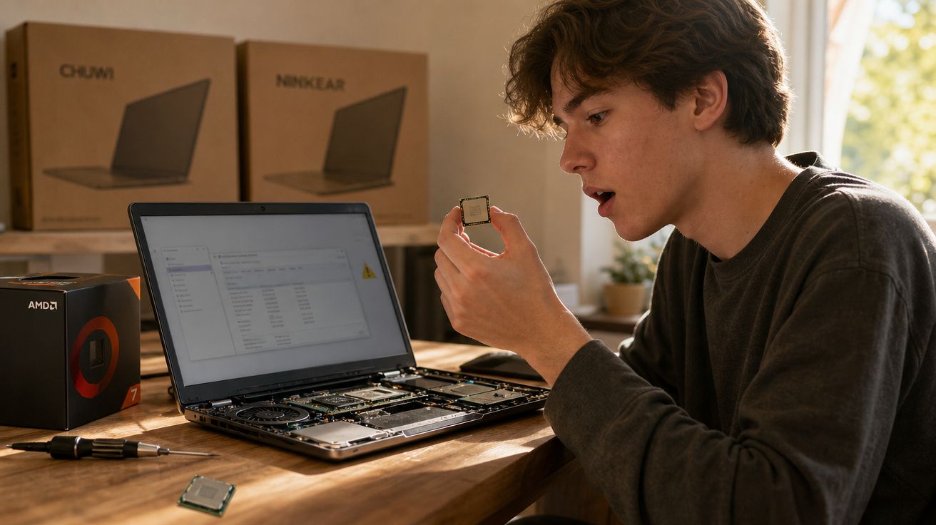 Jovem a instalar um processador num portátil aberto numa mesa de madeira com caixas ao fundo.