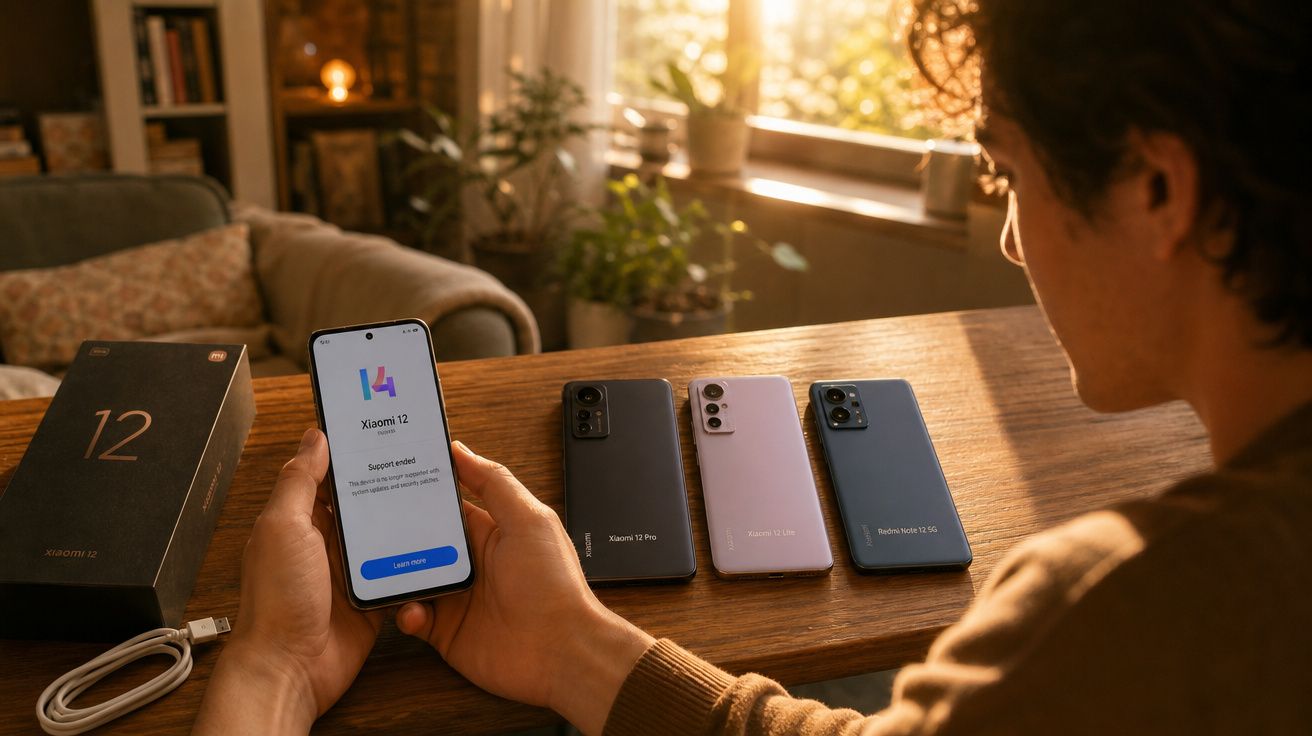Pessoa segurando telemóvel Xiaomi 12 com ecrã ligado, três telemóveis separados numa mesa de madeira.