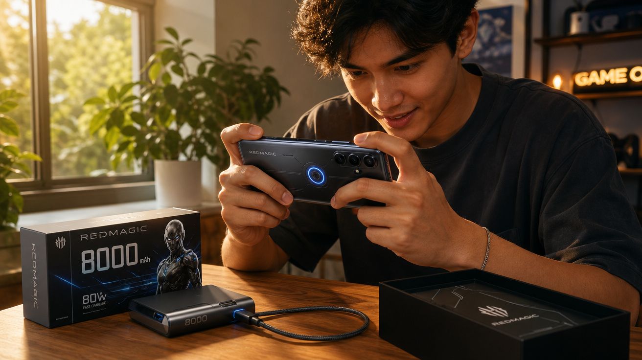 Jovem a jogar num smartphone RedMagic, com carregador portátil 8000mAh e caixa na mesa iluminada.