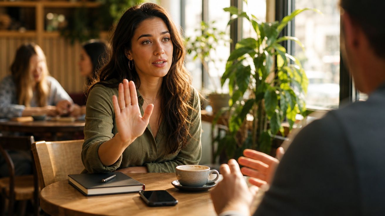 Mulher num café a fazer sinal de paragem com a mão durante conversa com homem à sua frente.