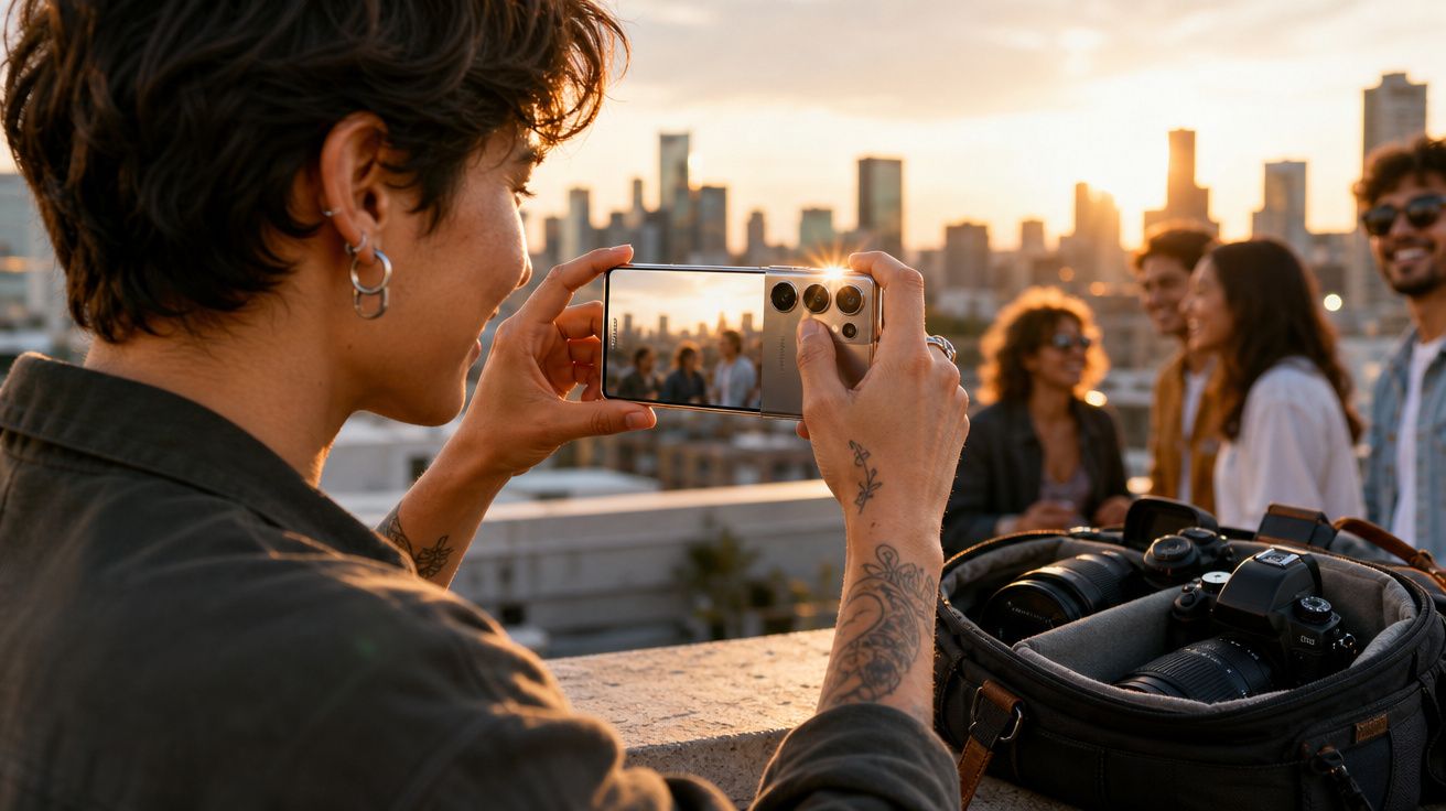 Pessoa a tirar fotografia de grupo com smartphone ao pôr do sol, com câmaras fotográficas numa mochila ao lado.