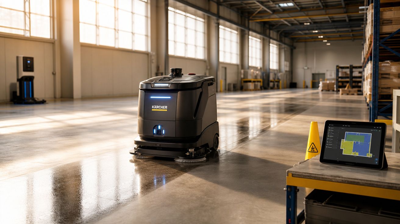 Robô de limpeza autónomo numa grande área industrial com monitor e cone de aviso ao lado.