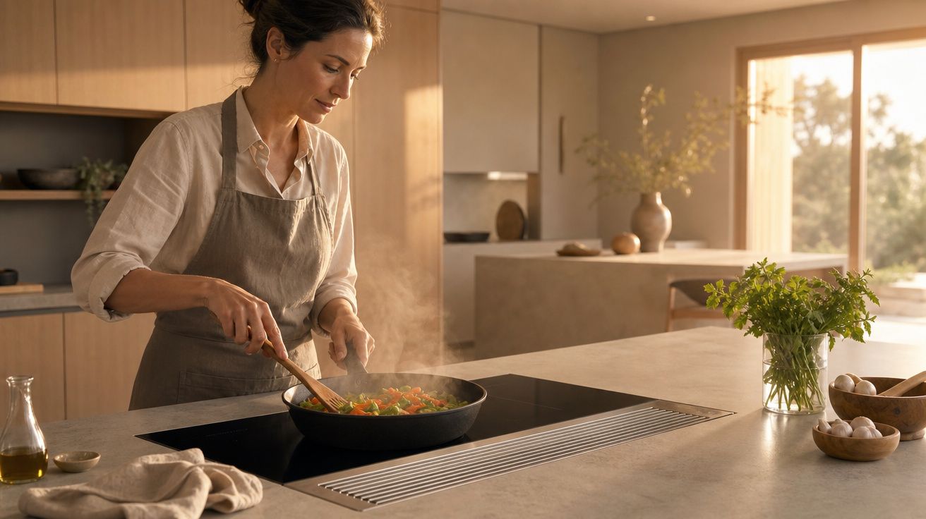 Mulher a cozinhar legumes numa frigideira numa cozinha moderna e iluminada naturalment.